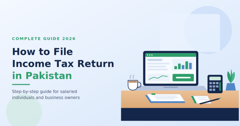 Accountant's desk with laptop, calculator and documents for filing income tax return in Pakistan,